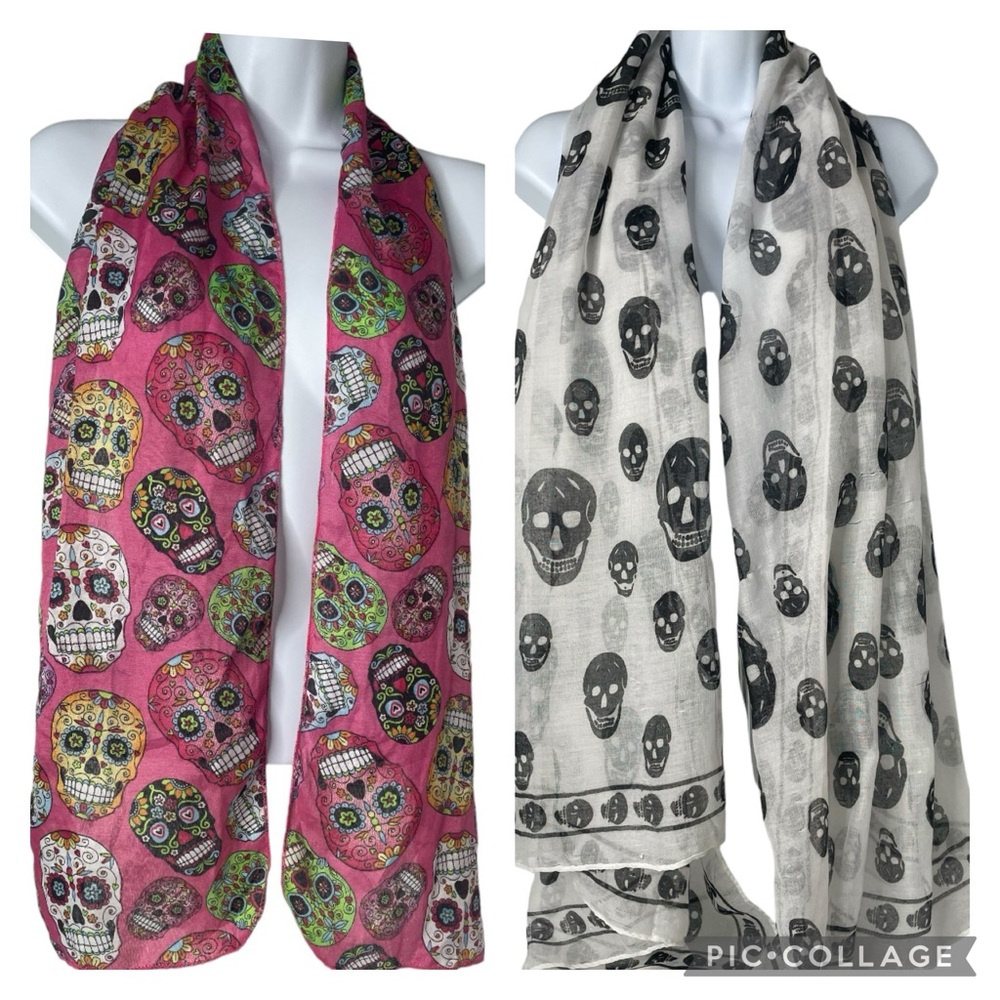 Skeleton Halloween Whimsical Print Scarves. Lot of 2.